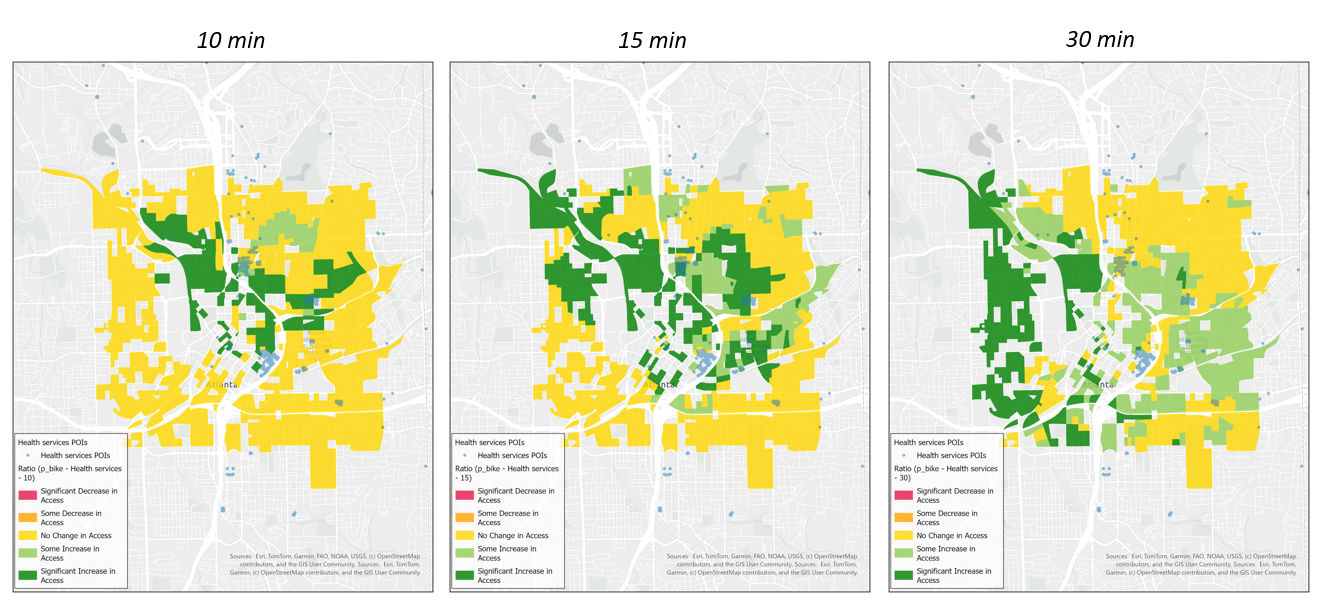 Atlanta, GA choropleth maps showing low-stress bicycle acess to health services for 10, 15, and 30-minute travel times
