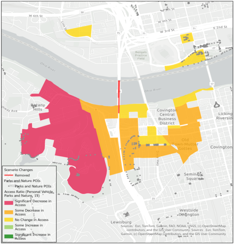 Cincinnati, OH and Covington, KY decrease in access to parks and nature within 15-minute travel times by vehicle
